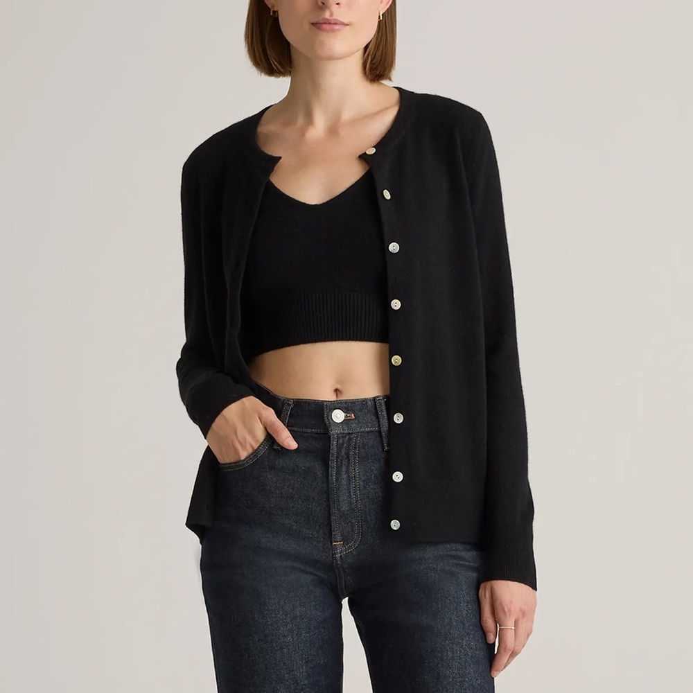 Black Cashmere Cardigan and Crop Set with Button Details